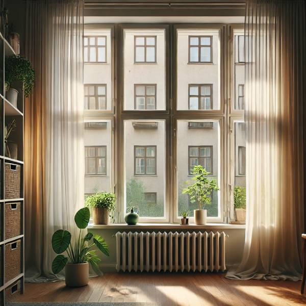 Renoverade fönster med energiglas i lägenhet hos en BRF i Stockholm